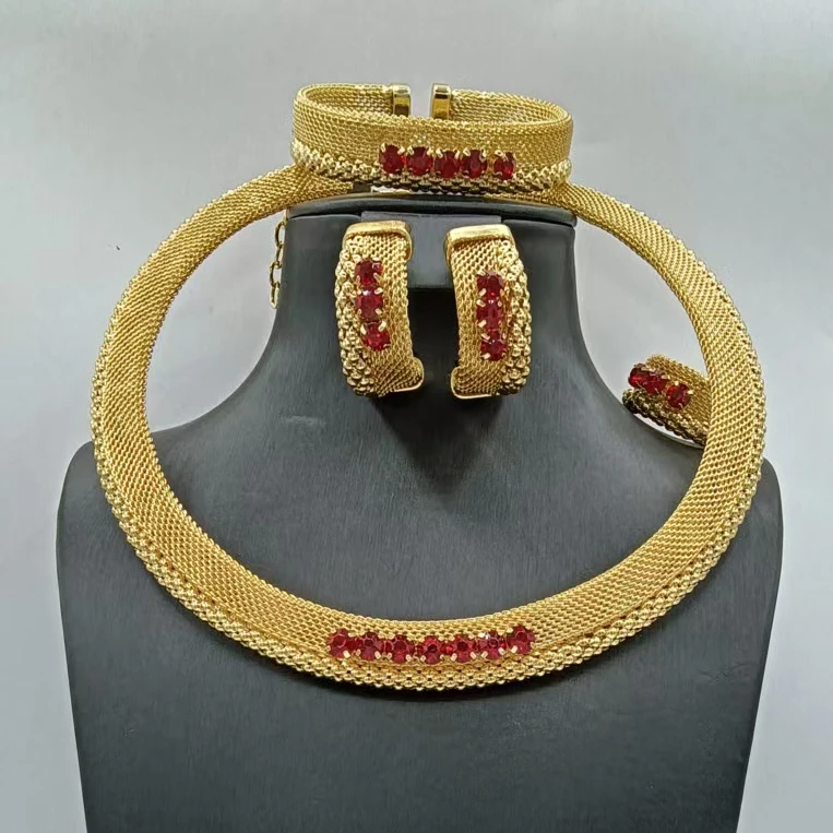 Hot SaleLuxury African 18K Gold Plated Mesh Jewelry Set 4PCS Red Crystal Statement Collar Necklace Earrings for Wedding Party
