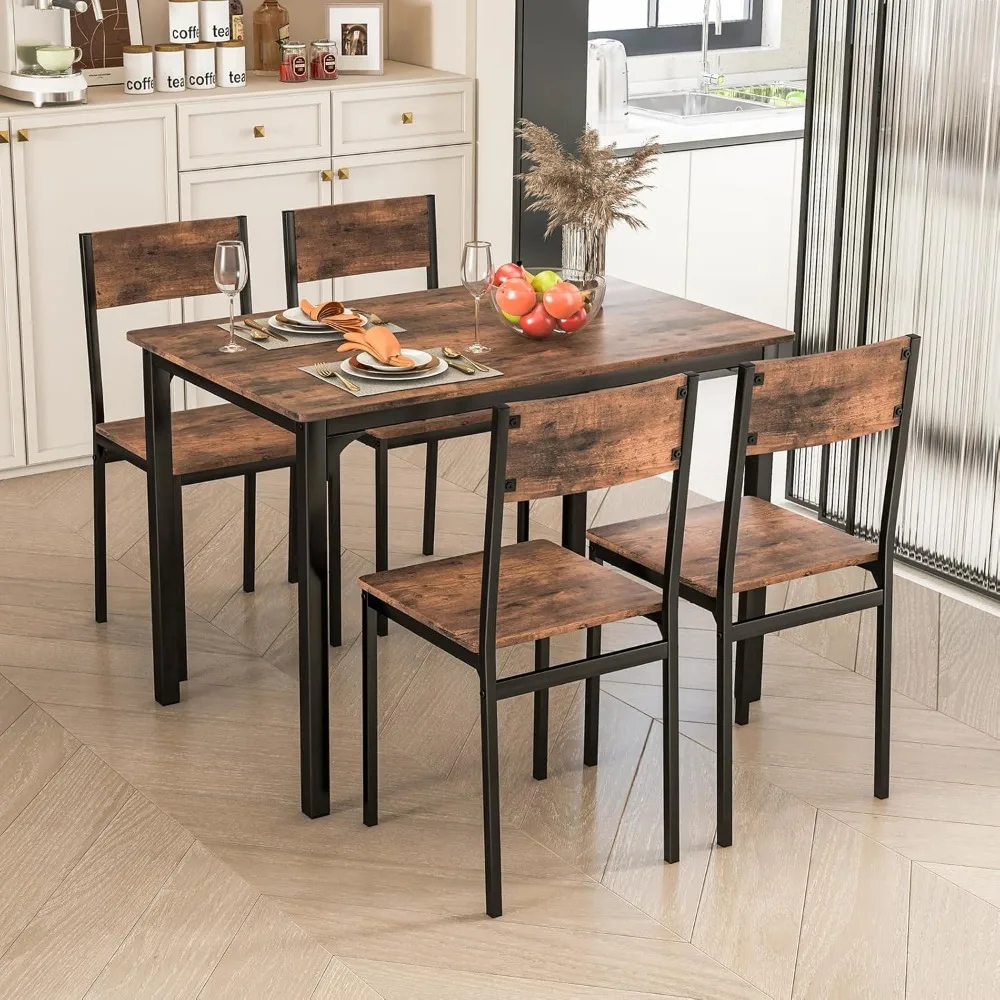 

5-Piece Dining Table Set, Industrial Kitchen Table and Chairs for 4 with Backrest and Metal Frame, Rectangular Space-Saving Din