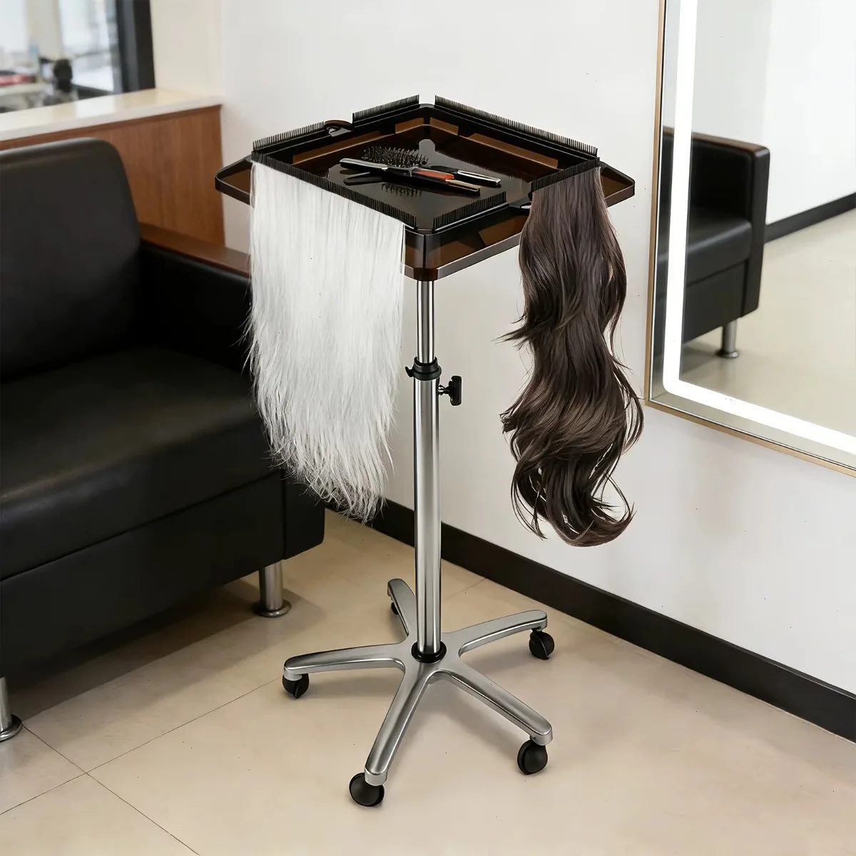 Hair Salon Wig Holder, Professional Salon Trolley Cart with Storage Tray, Mobile Hairdressing Station for Wig, Hair Extensions
