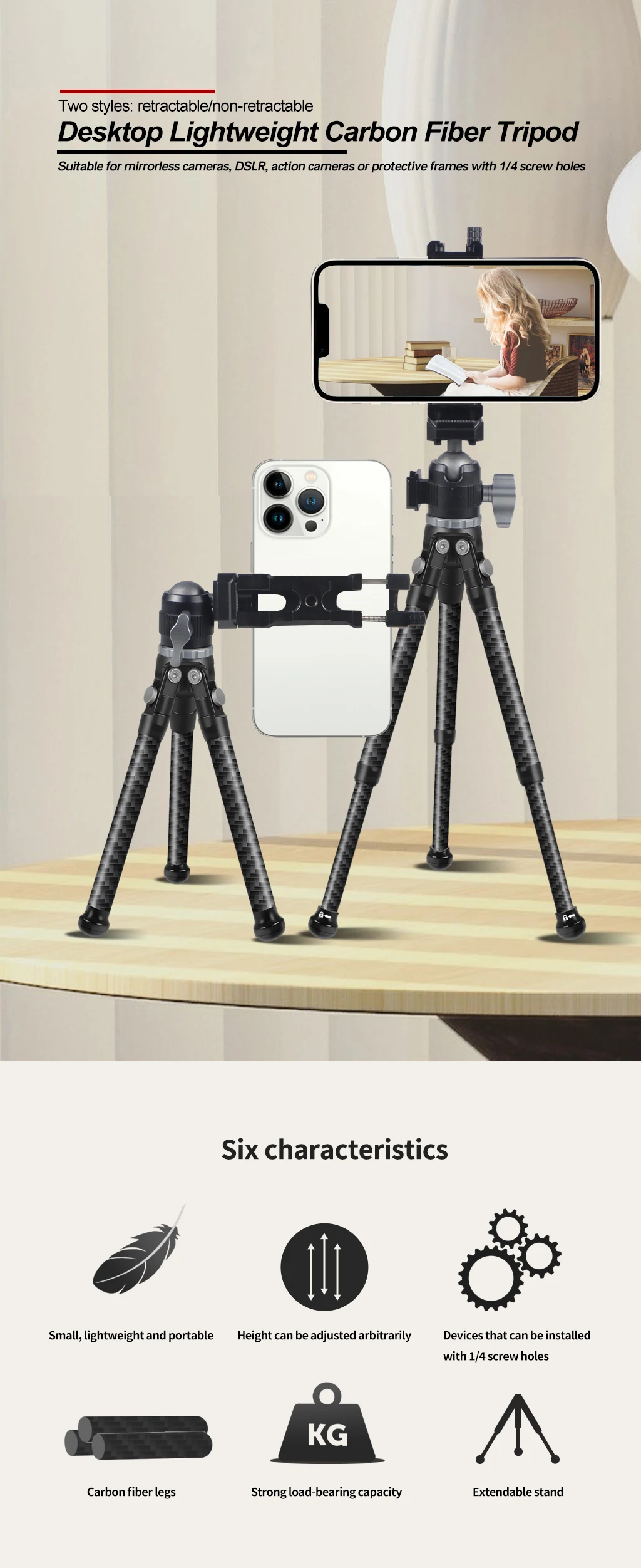 Kohlefaser-Mini-Stativ, multifunktionales SLR-Vlog-Stativ, 5 kg maximale Belastung mit 1/4 Zoll Schraube für Kamera, Smartphone, Live-Halterung – Detail 2