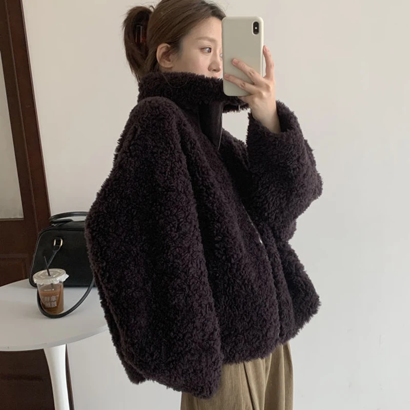 Women's Autumn Winter Loose Casual Velvet Thicken Warm Fur Fur Lambswool Jacket Outerwear for Women Daily Wear