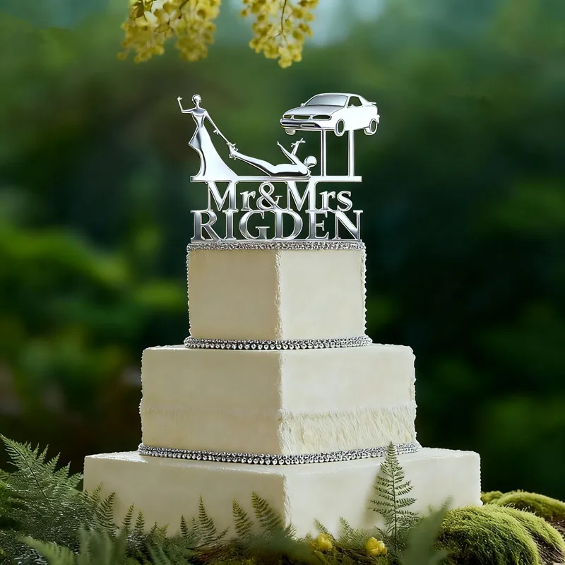 Pesonalized Wedding Bride Dragging Groom Cake Topper auto mechanic cake topper, Wrench Tools, funny wedding cake