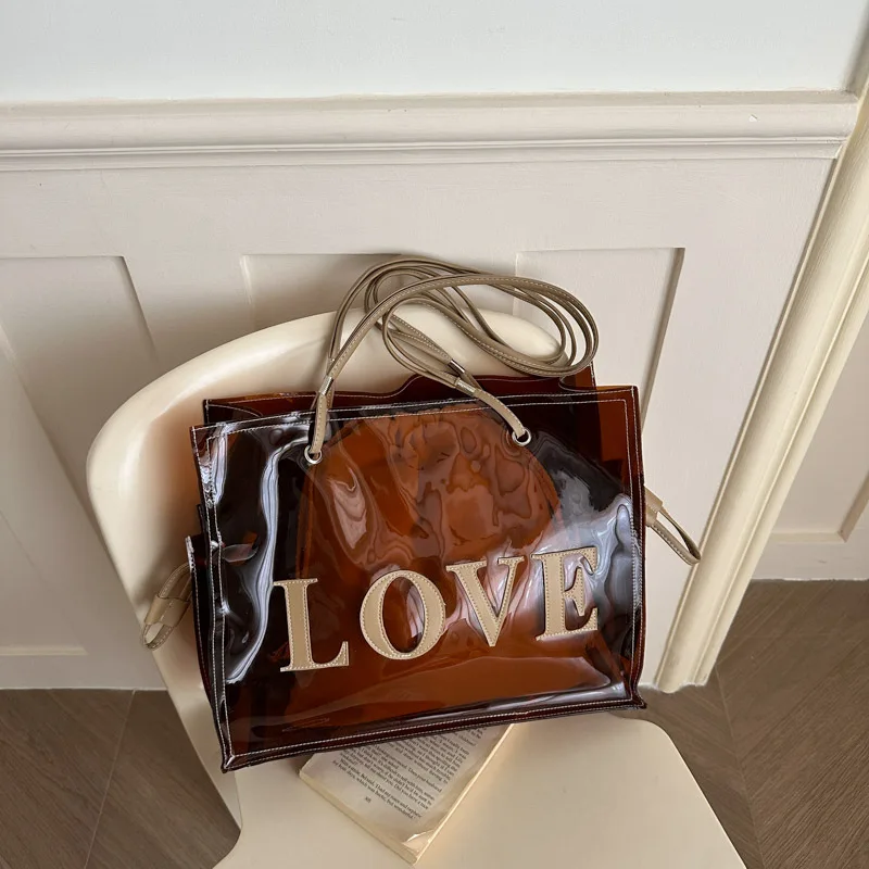 Transparent Jelly Tote Bag PVC Large Capacity Letter Print Shoulder Bag Fashion Casual Women Bag for Summer Beach Daily Shopping