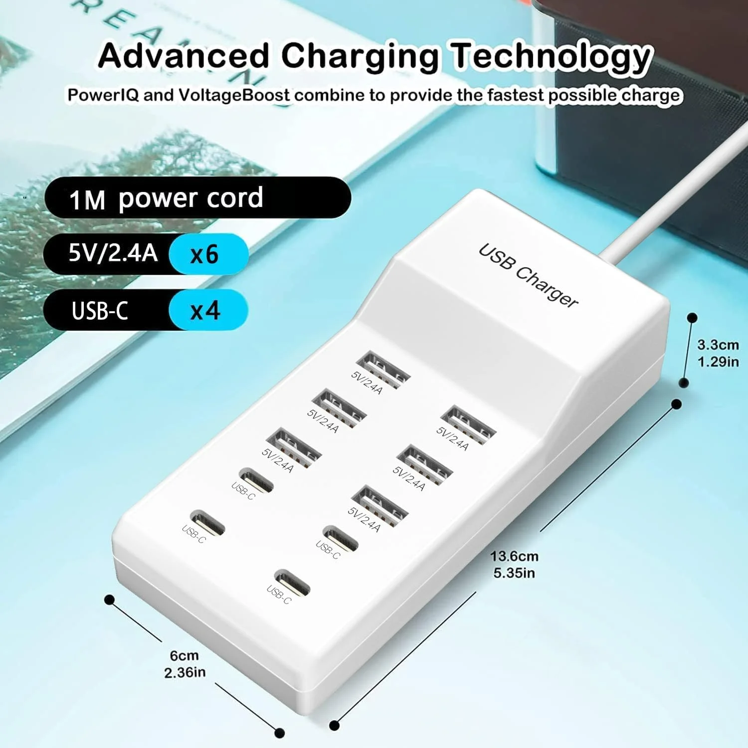 50W 10 Ports USB C Desktop Charging Station, Cellphones USB Charger Multi Devices, Wall Charger for iPhone/Samsung/Xiaomi, EU/US