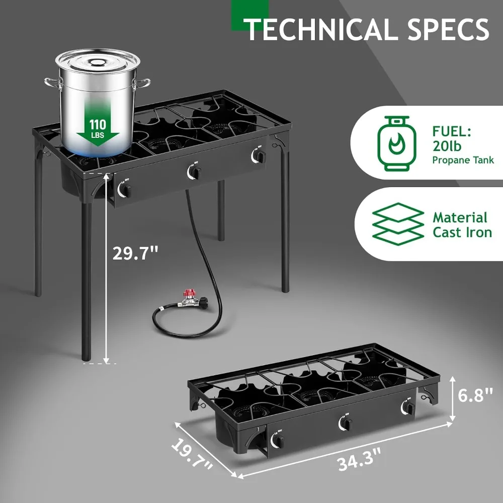 3 Burner Propane Gas Stove for Outdoor Cooking, 225,000 BTU