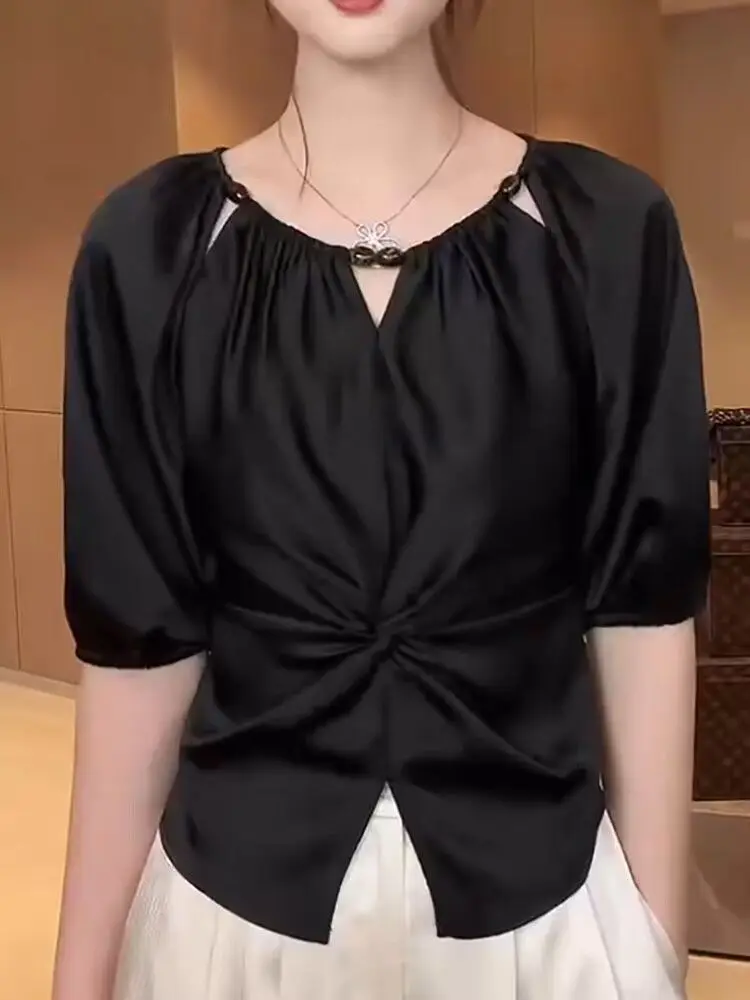 French design pleated satin short sleeved round neck shirt for women 2024 summer new style, slimming and waist cinching top