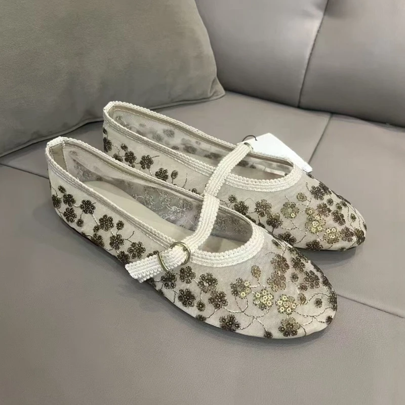 Summer Women Ballet Flats Vintage Mesh Floral Sequins Mary Jane Shoes Round Toe Buckle Strap Breathable Embroidery Casual Shoes