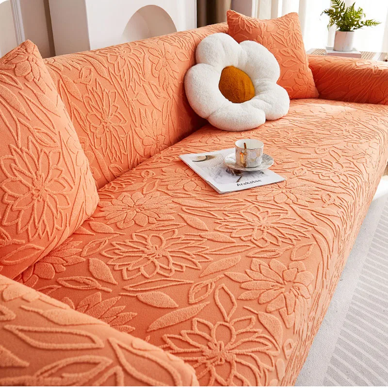 Flower Jacquard Sofa Cover, Flower of Camellia Elastic Exquisite Sofa Cover, Velvet Adjustable Cushion Cover for Living Room