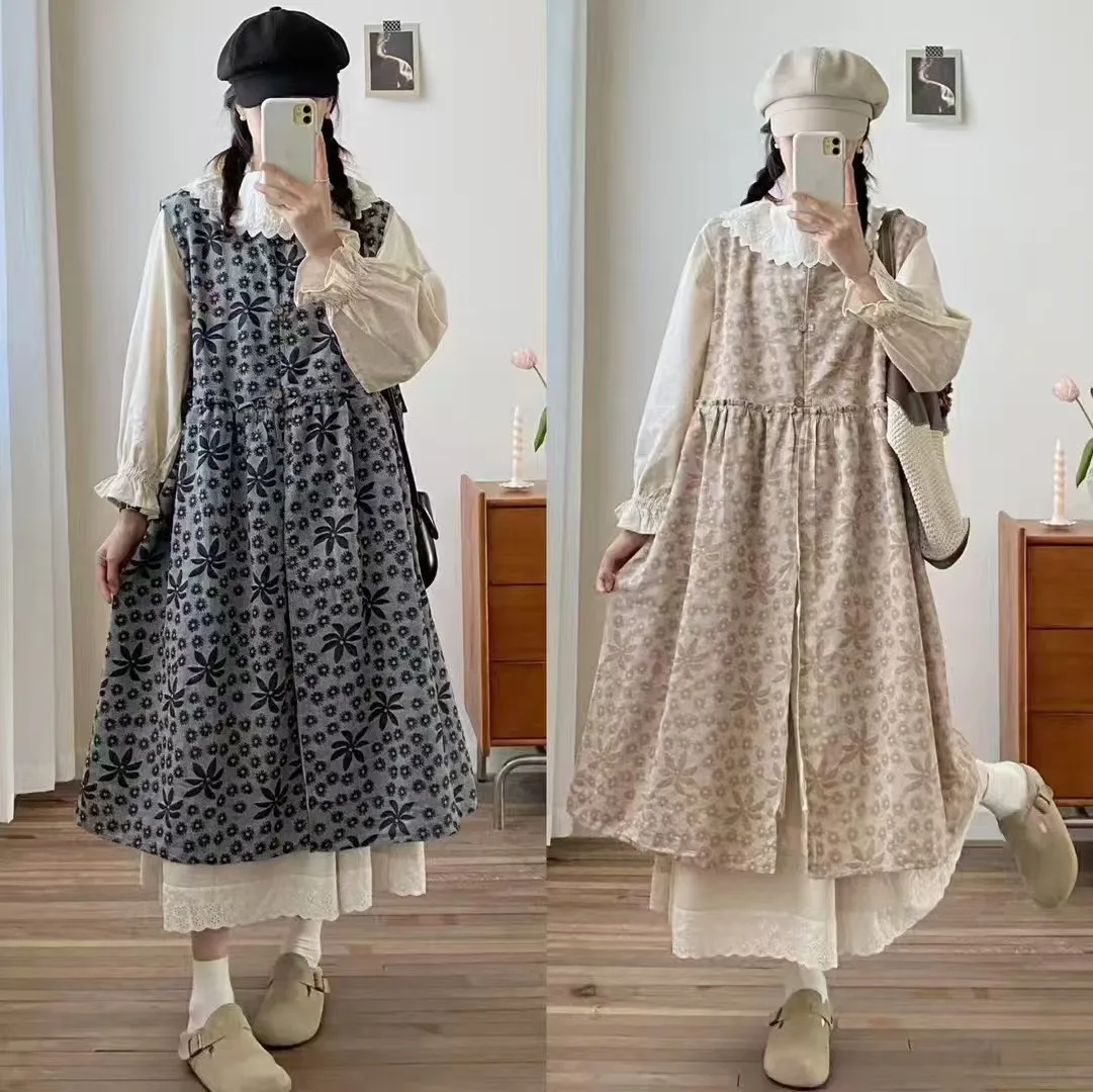 Nuevos vestidos de chaleco de algodón de invierno 2025, vestido suelto INS de estilo japonés Retro de chica Mori con botones estampados y cuello redondo para mujer D5N794CC