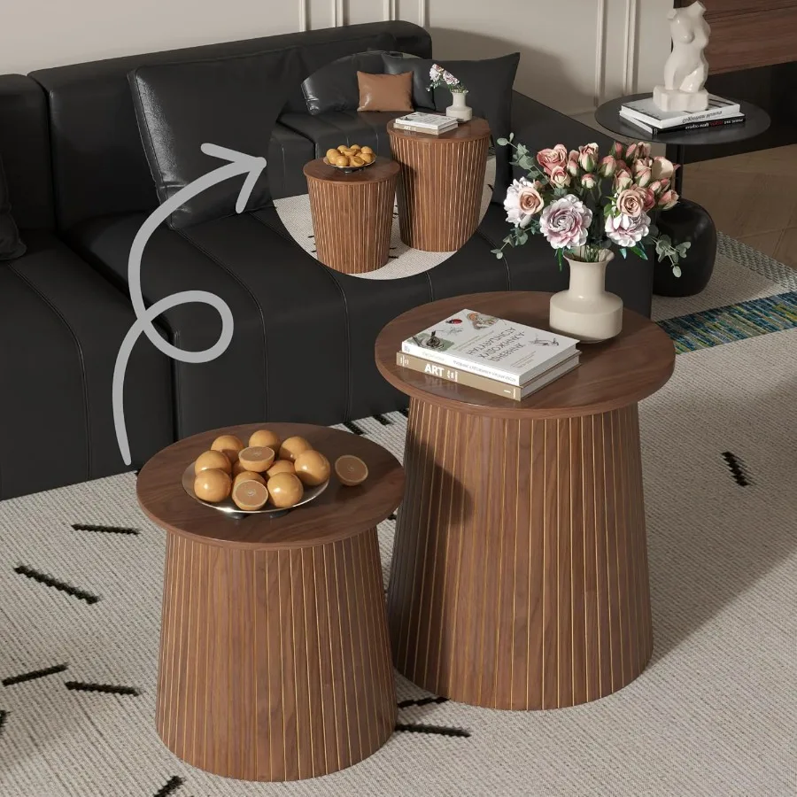 

Nesting Coffee Table Set of 2 Round End Table with Storage Farmhouse Side Table with Removable Wood Tops and Wood Basket Bases