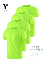 Round Neck T-Shirt 4Pcs Fluorescent Green Ultralight Men Quick Dry Breathable Sweat Shirt for Fitness Gym and Running Light Plai