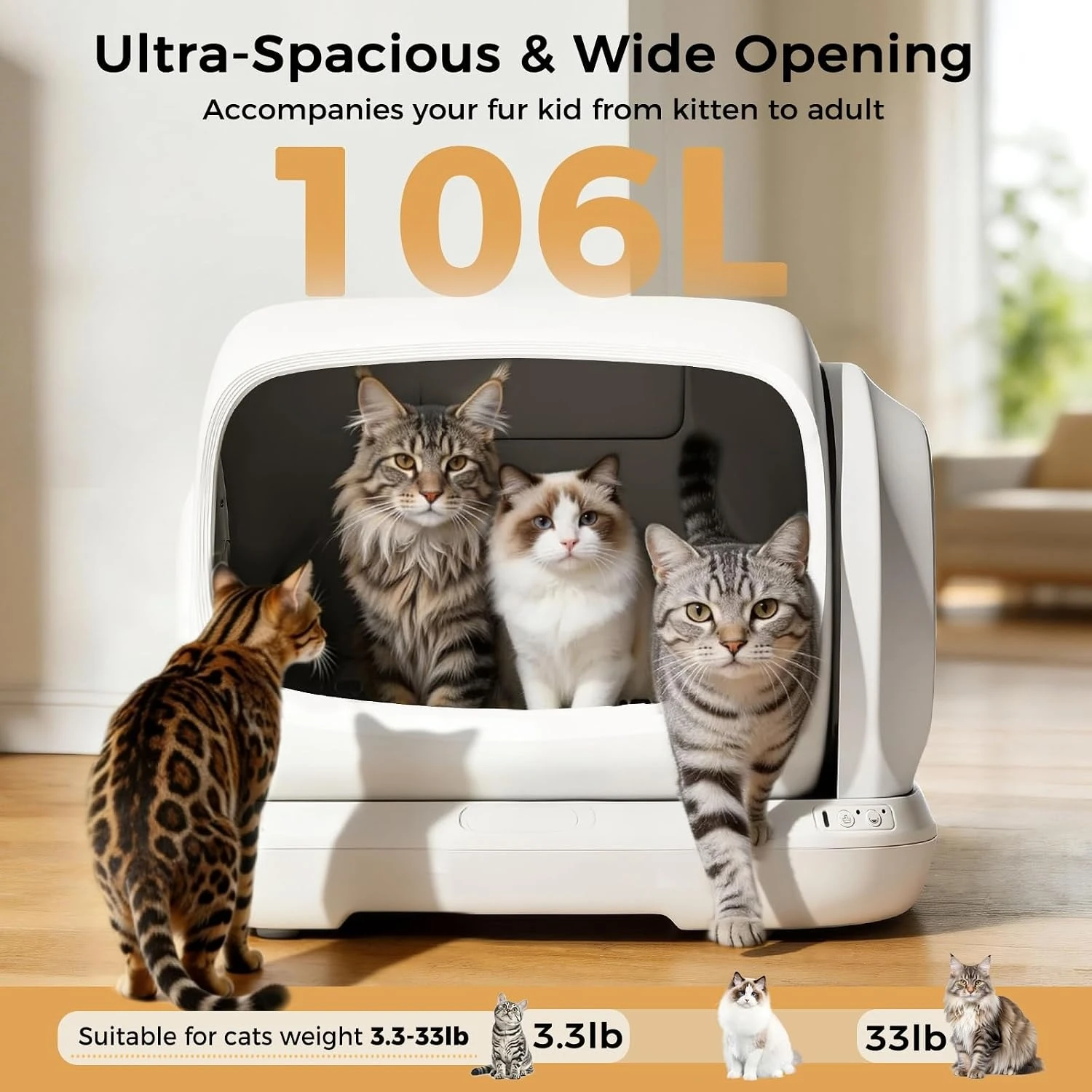 Robotail Self Cleaning Cat Litter Box,106L XXXL Extra-Large Automatic Cat Litter Box for Large Cats, Open Top, Customized view 2