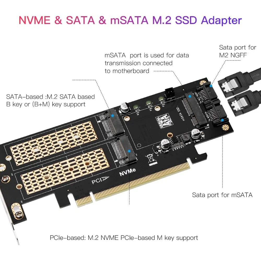 

3 in 1 NGFF and MSATA SSD Adapter Card,M.2 NVME to PCIE/M.2 SATA SSD to SATA III/MSATA to SATA Adapter for 2280/2260