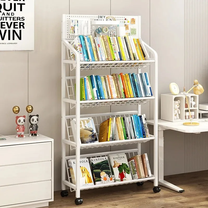 Floor Standing Multi-Layer Bookshelf Living Room Magazine Rack Iron Bookcase Movable Storage Organizer Wheels Books Toys