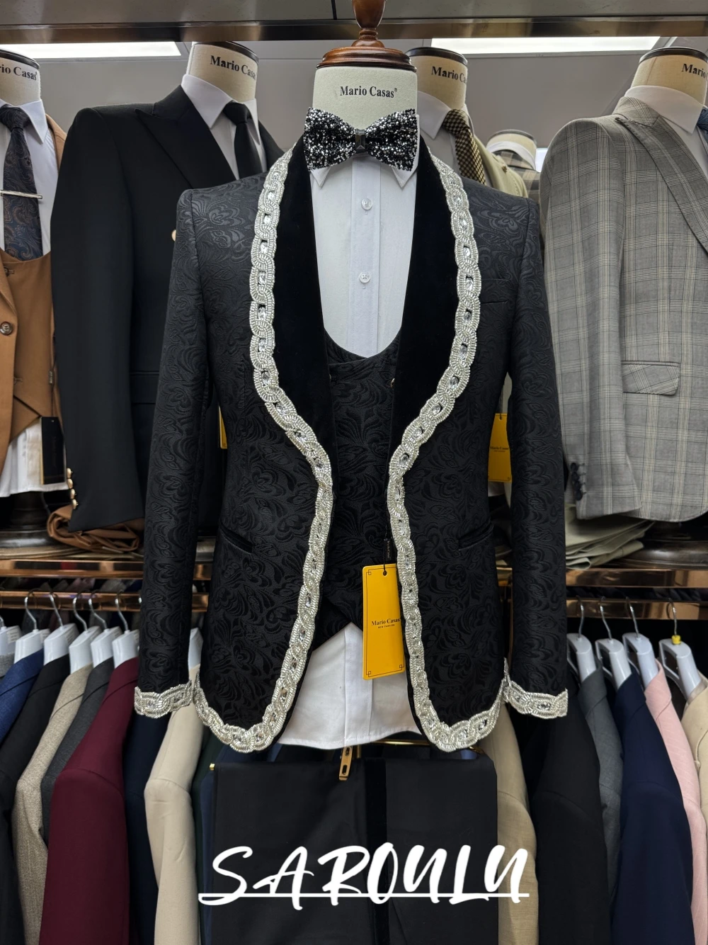 

Black Jacquard Exquisite Suit Set, Beaded Wedding Groom Wear, Jacket Vest Pants Party Wear For Man, Top Quality, Formal Banquet