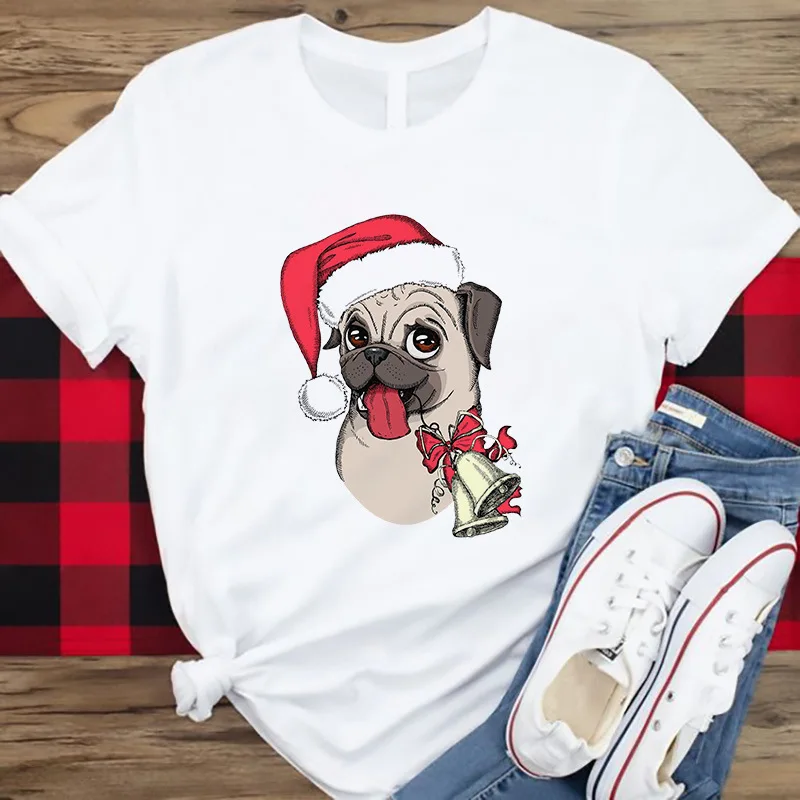 Super Hot Cartoon Dog Christmas T-shirt Casual White Short-sleeved Children's Christmas Clothes Tide Ins Boys  and Girl Clothes