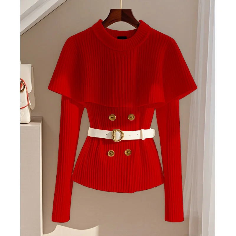 Sweter Rajutan Pullover Chic Fashion Korea Wanita Musim Gugur Baru Ramping Lengan Panjang Cape Selendang Pinggang Jaket Sweter Lembut Atasan Wanita