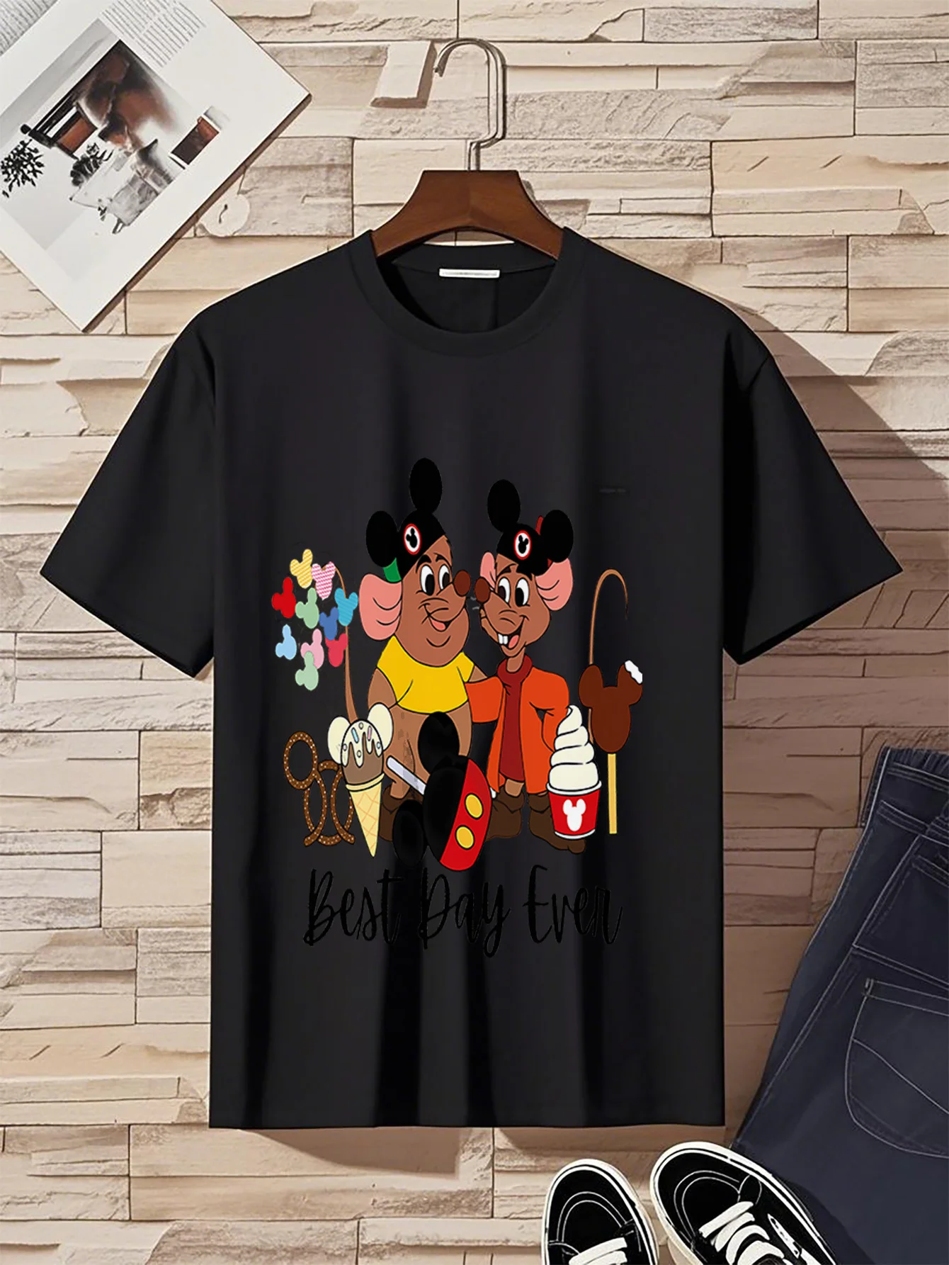 

Футболка с принтом «Лучший день Диснея» для мужчин и женщин, топ с короткими рукавами для пар, весна/лето, повседневная мода с героями мультфильмов