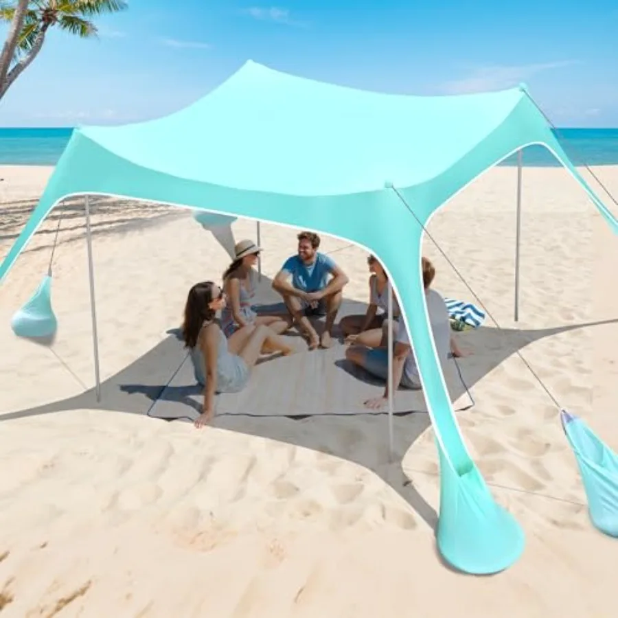 

Beach Tent Sun Shelter 10x10 FT for outdoor picnic camping travel, polyester fabric, beige, UPF 50+ UV protection with 8 sandba
