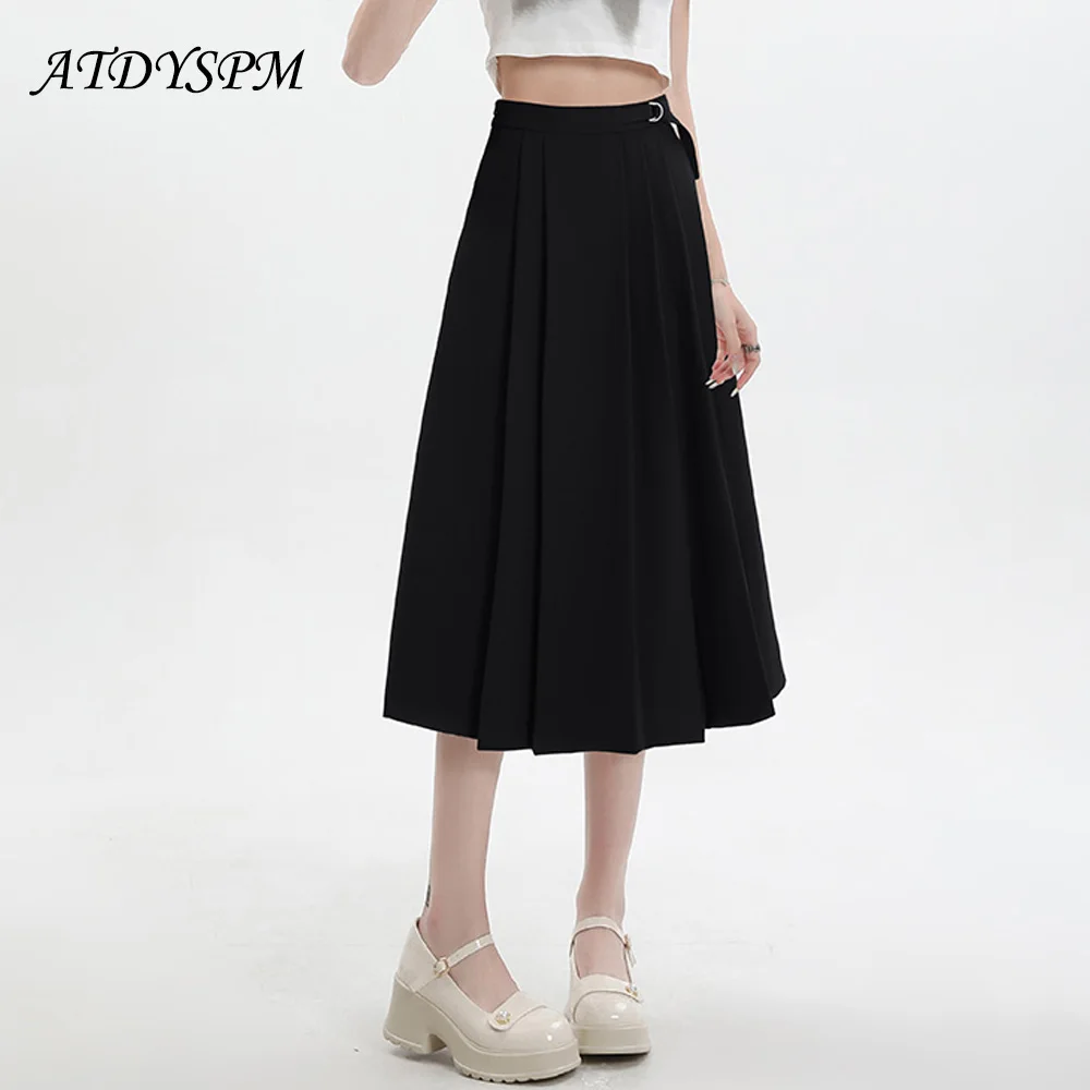 

2024 Korean Fashion Black Midi Skirt Simple Design Solid Pleated Skirts Womens Preppy Style High Waist Casual A-Line Long Skirt