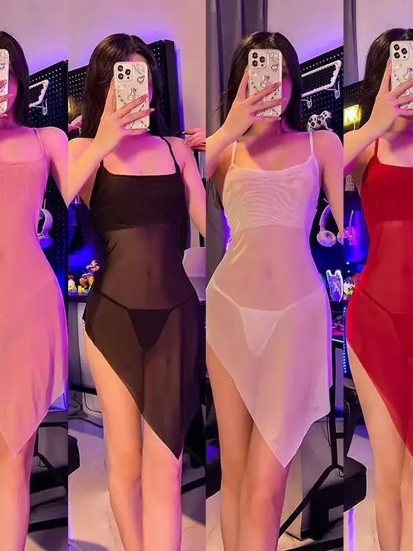 WOMENGAGA maille transparente Mini robe Sexy robes suspendues chaud épicé mince robe élégante ample décontracté hauts 0ZDO