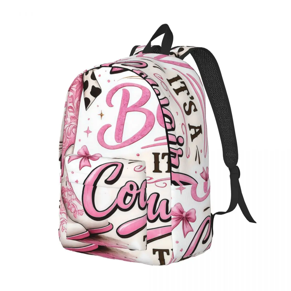 Heart School Backpack Center Cowgirl Boots Leopard Bow Typography Western Typography Pink Whit Trendy Bookbag for Women Girls