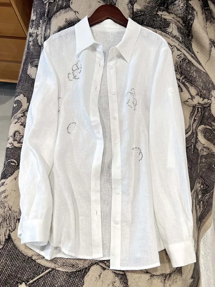 

Льняная рубашка ручной работы с бисерным декором, женская, свободного кроя, с длинным рукавом, отложным воротником, повседневная, удобная, дышащая, модный топ