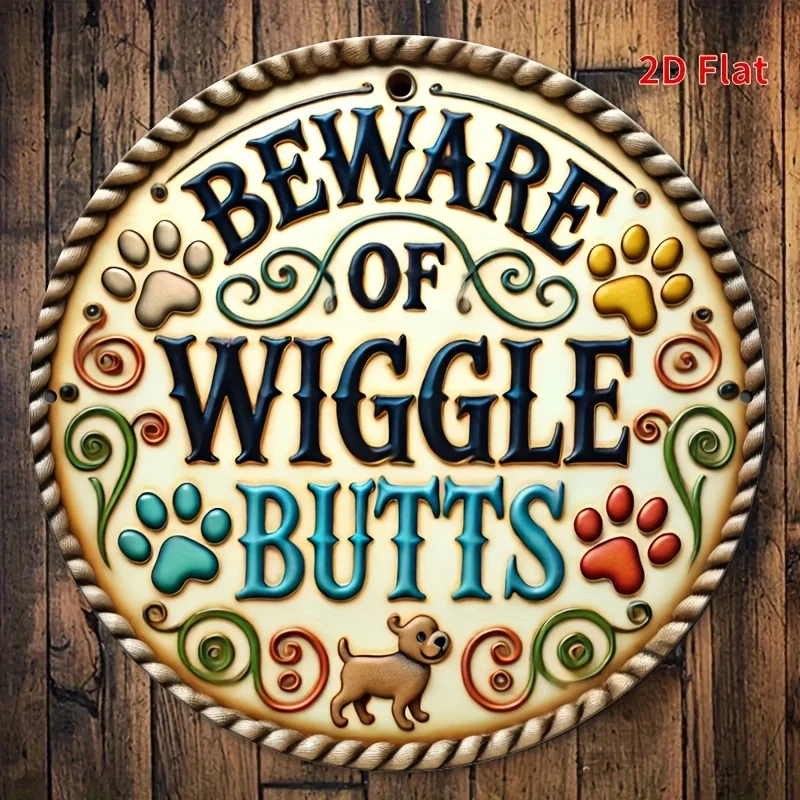 1 Stück „Beware of Wiggly Butts“ Vintage-Metallschild – 20,3 x 20,3 cm große runde Wandkunst mit verspielten Hundepfotenabdrücken, langlebiges Eisendekor für Ho