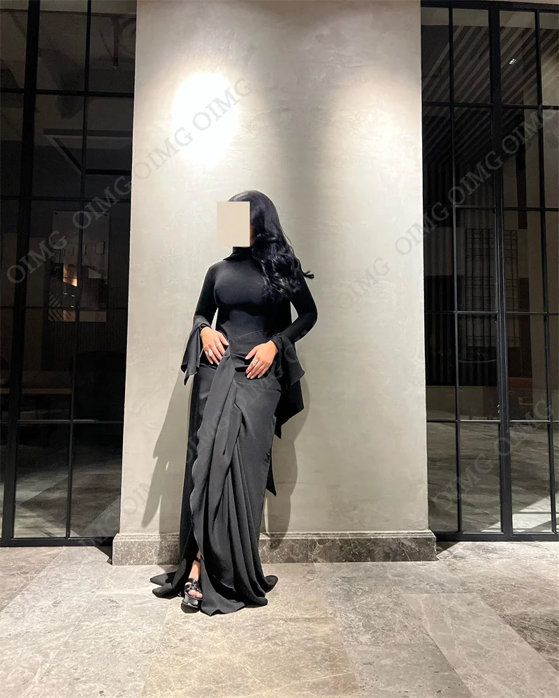 OIMG Black Sheath Saudi Arabia Women Prom Dresses Long Sleeves Formal Prom Gowns Ruched Pleats Evening Dress Club Outfit