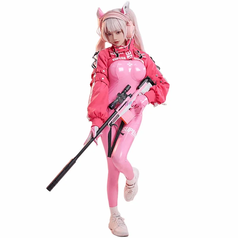 Anime Game Intérieur ke Alice Tambour Costume, Latex Catsuit Jumpsuit, Sexy Crop Top Jacket, Chaussures, Perruque Props Cosplay Costume, UY6736