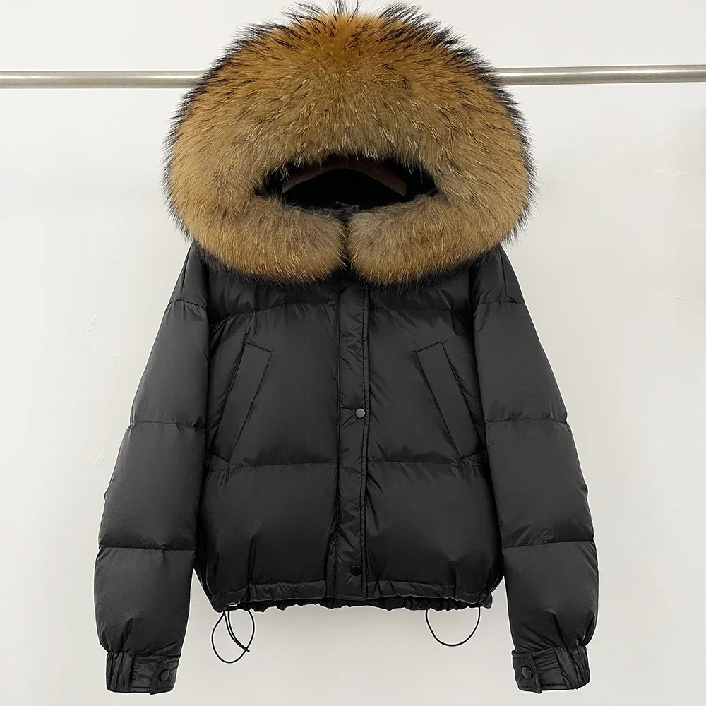 OFTBUY Piumino d'anatra bianco Cappotto da donna in vera pelliccia Cappotto invernale imbottito con cappuccio Nuova pelliccia di procione Autunno Parka femminile Pelliccia di volpe calda