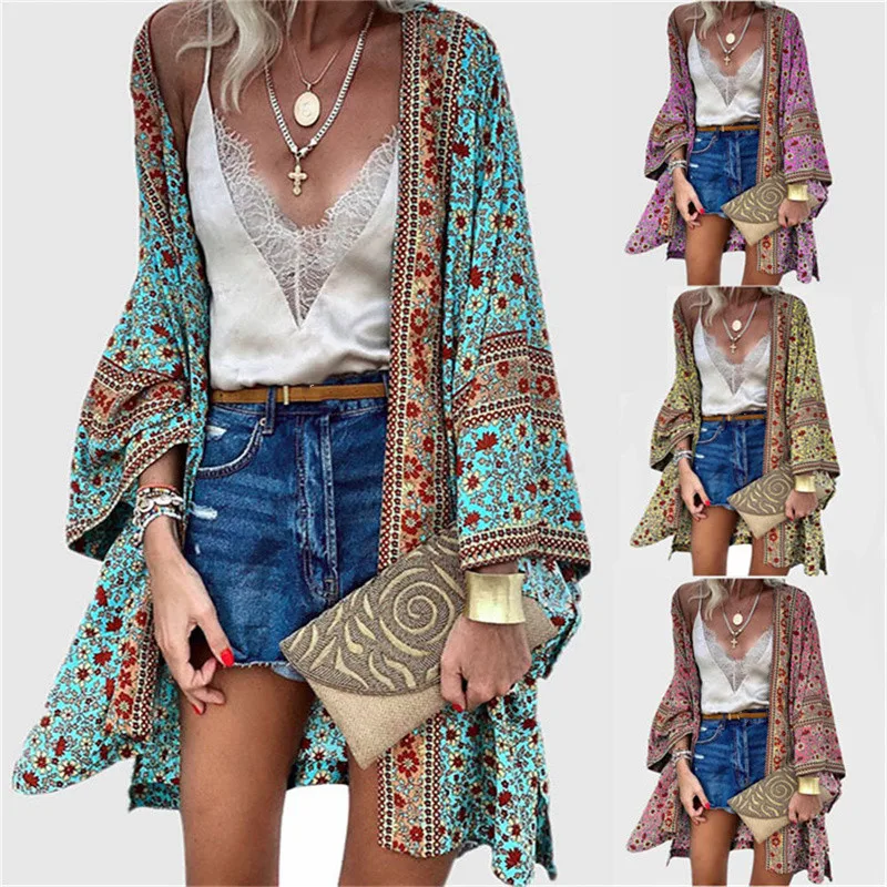 Summer Floral Printed Beach Cover Up Tops Bohemian Kimono Women Long Sleeve Cardigan Casual Loose Holiday Blouse Shirt Cover Up