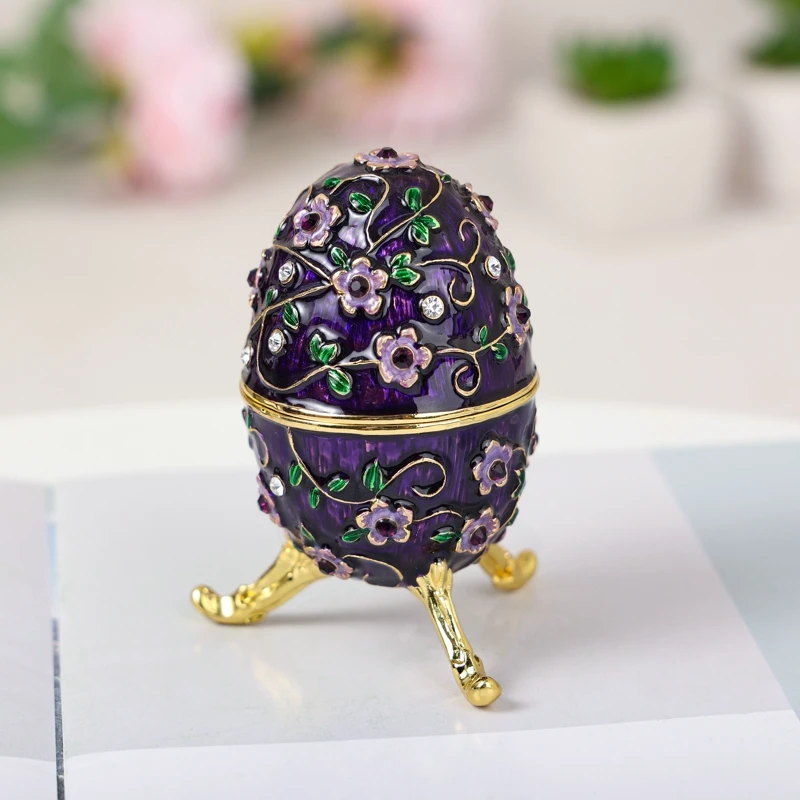 ShinnyGifts Enamel Metal Fabergé Egg Jewelry Box, Hand-Painted Floral Vintage Design