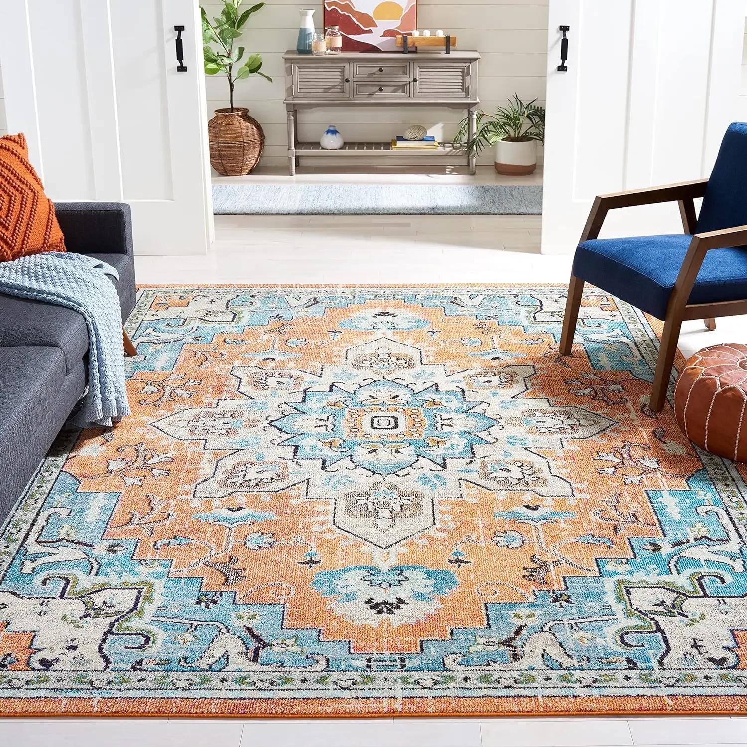 

Madison Collection Area Rug - 10' x 14', Orange & Teal, Boho Chic Medallion Distressed Design, Non-Shedding & Easy Care, Ideal