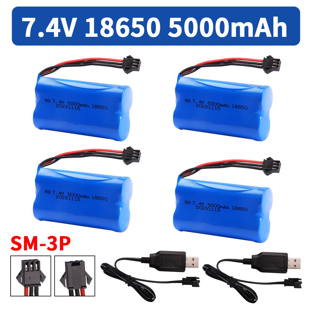 Batería lipo de 7,4 V, 5000mAh, 18650 + cargador para MN128, reloj de coche, detección de gestos, torcido, RC, camiones acrobáticos, barcos, piezas de juguetes, batería