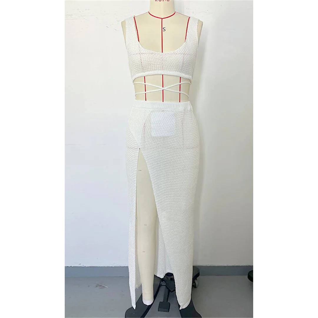 Sexy, hochgeschlitztes, ärmelloses, gehäkeltes, gestricktes Strandkleid, Strandtuch, Strandkleid, zweiteiliges Set, Strandmode V6124 – Detail 17