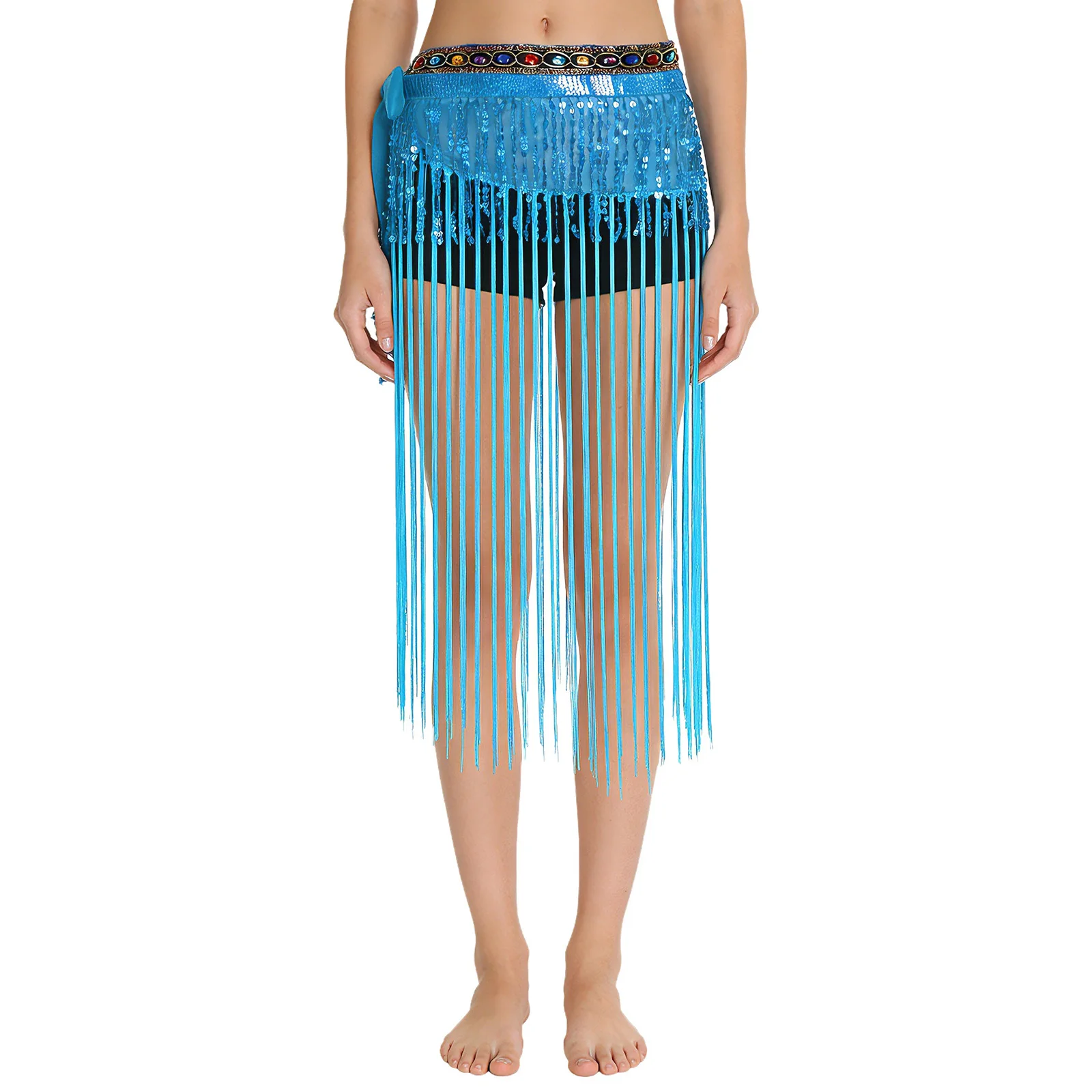 Womens Belly Dance Costume Fringed Hip Scarf Colorful Gem Decor Waistband Tiered Sequin Tassel Waist Chain Skirt for Dancing