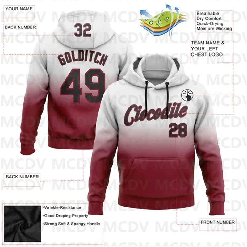 Custom Stitched White Black-Crimson Fade Fashion Sports Pullover Sweatshirt Hoodie