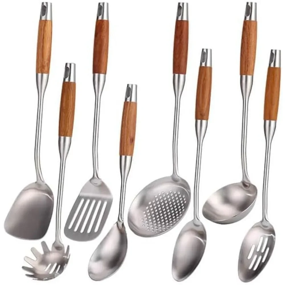 Juego de utensilios de cocina de acero inoxidable duradero con mangos de madera, 8 piezas, espátula, cuchara, espumadera, volteador