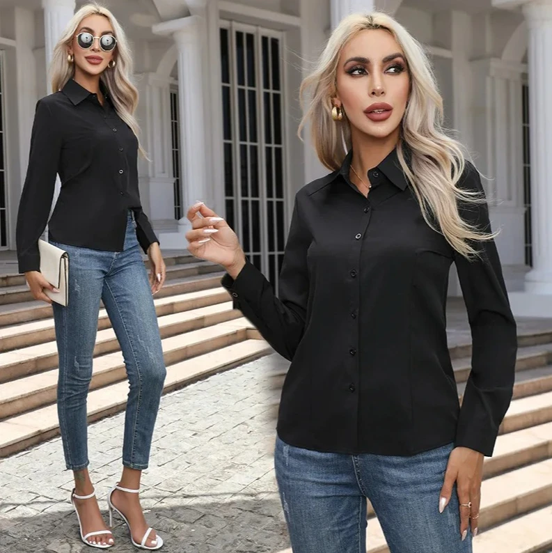 

selection women's spring and autumn solid color shirt casual long sleeved lapel loose shirt women's fashionable temperament top