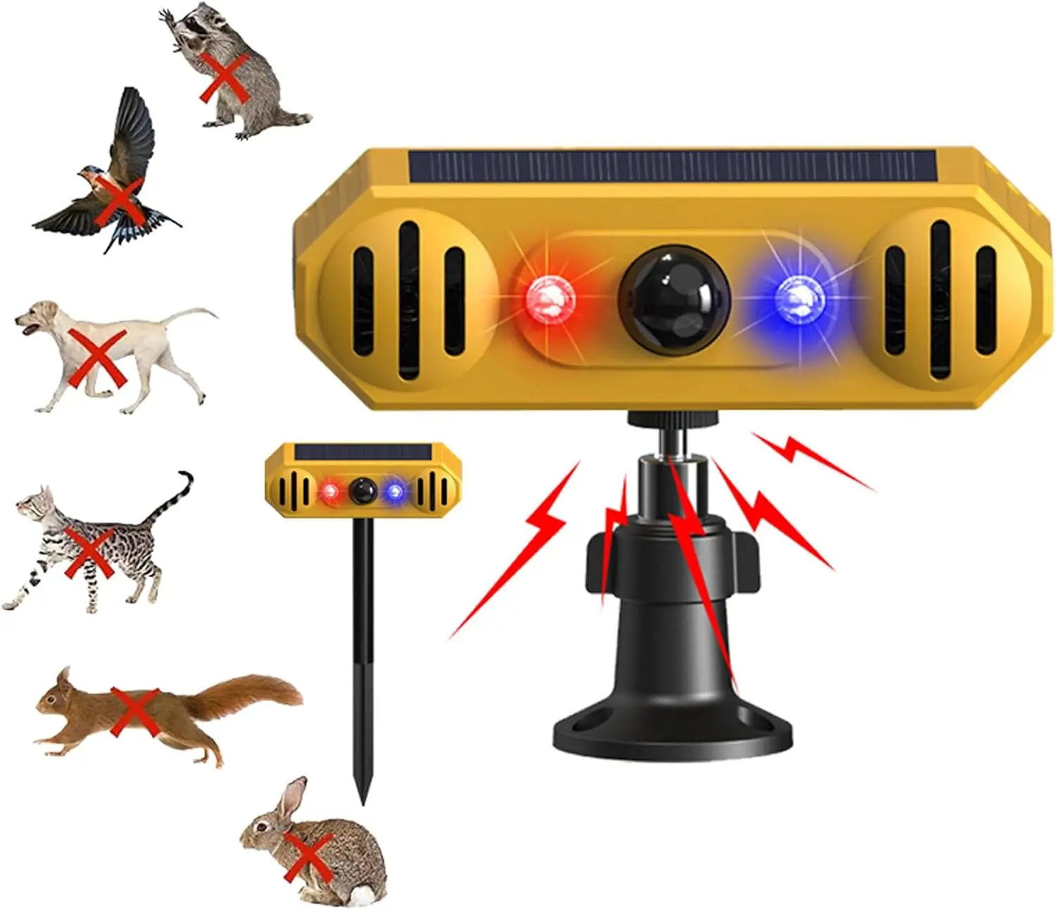Solar Powered Motion Sensor Alarm 129DB Dual Speakers Fence Mounted Animal Deterrent Strobe Light 13 Sounds for Garden Pest