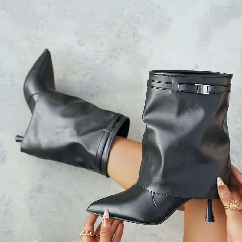 Trendy Women's Mid Calf Boots High Heel Ultra Winter New Thin High Cut Flip Edge Surface Pointed Toe Women Stiletto Short Boots