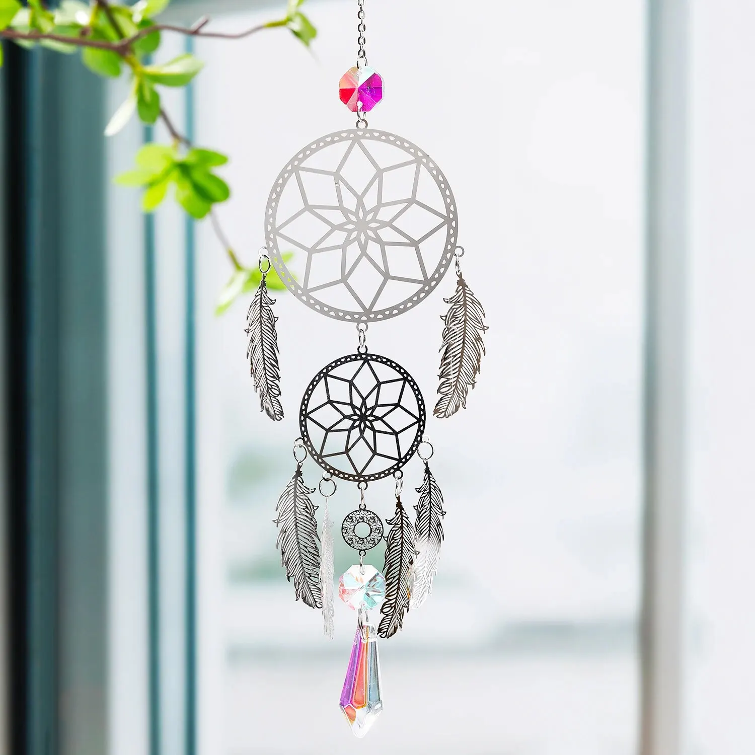 1 Pc Silver Feather Dreamcatcher Outdoor Lighting Crystal Hanging Garden Sun Catcher Holiday Wedding Party Decoration Supplies