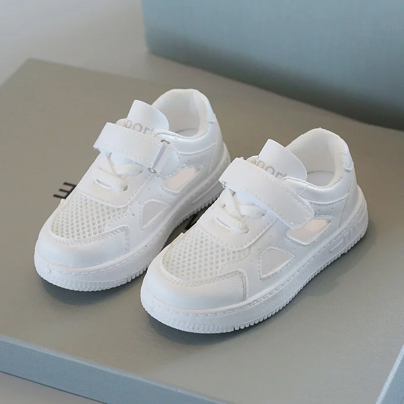 Children White Shoes 2024 Summer Boys Sports Shoes Mesh Breathable Board Shoes Girls Hollow Casual Sneakers Soft Sole Kids Shoes