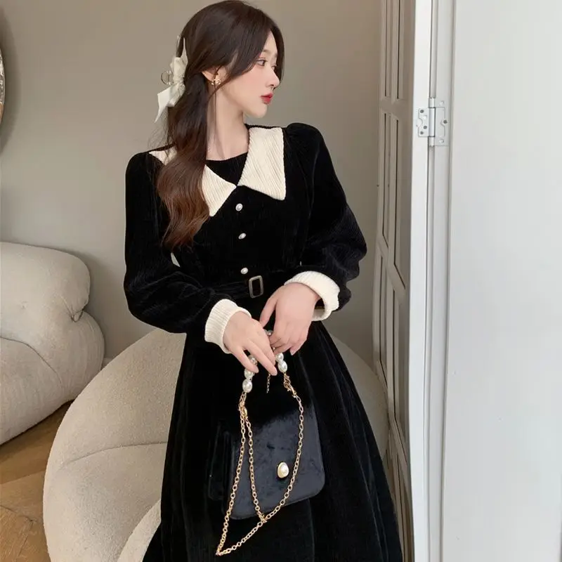 Dresses Women Vintage Design Fashion Temperament British Style Peter Pan Collar Leisure Empire Sweet Patchwork Stylish Vestidos