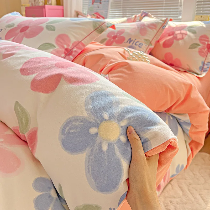 Polished four-piece set AB surface quilt cover bed sheet spring and autumn thickened dormitory bed four-piece set