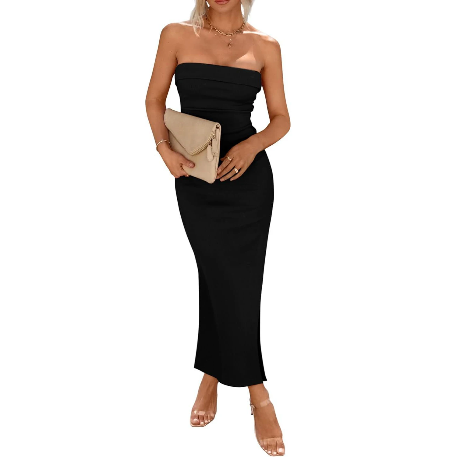 

Sexy Bodycon Maxi Tube Dress Women Girls Ribbed Strapless Side Slit Long Going Out Casual Elegant Dress Party
