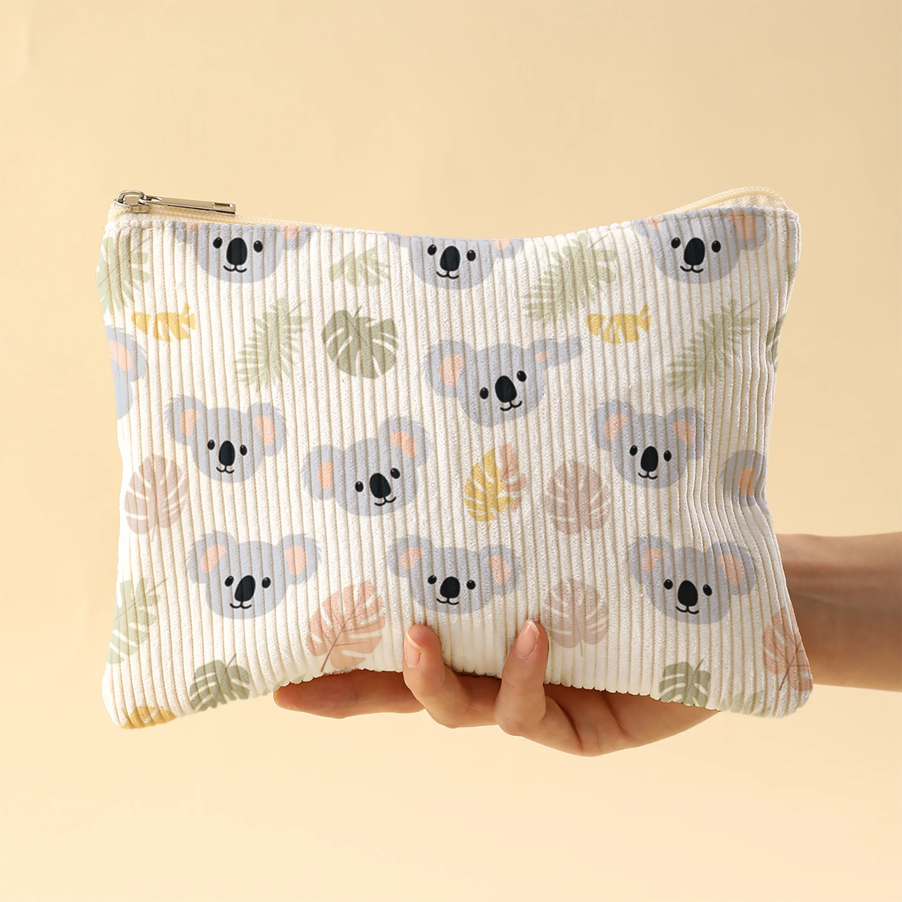 Makeup Bag Large Capacity Velvet Texture, Koala And Leaf Pattern Smooth Zipper Fits Foundation/Eyeshadow Palette/Lipstick