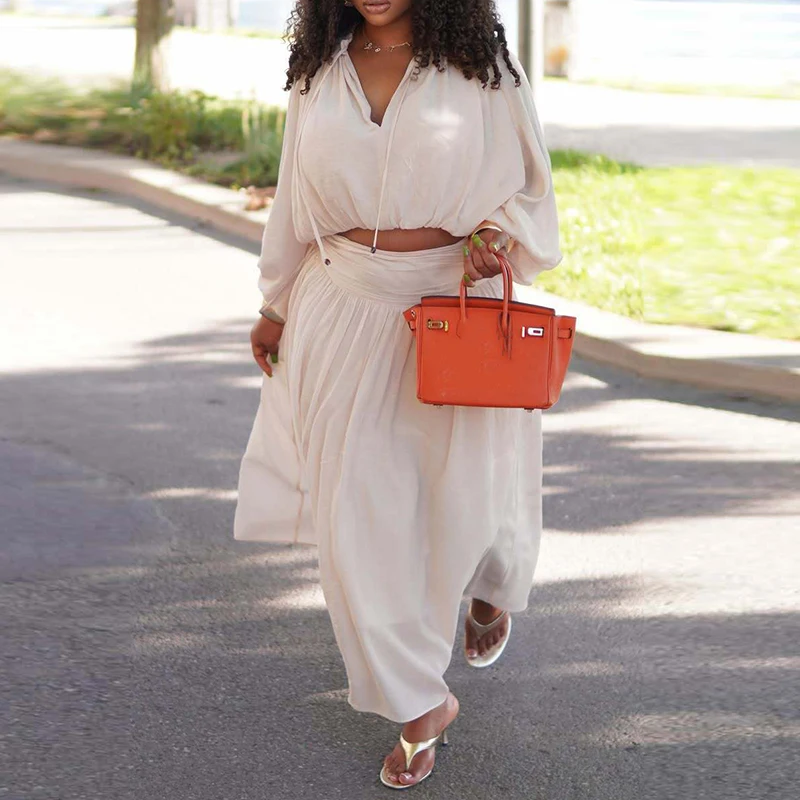 Spring Autumn Simple Loose Commuting Outfit Elegant Women Holiday Suit Casual V Neck Lantern Sleeve Top and Long Skirt Party Set