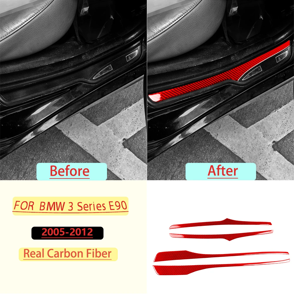 For BMW 3 Series E90 2005-2012 Car Door Sills Panel Cover Trim Red Real Soft Carbon Fiber Interior Accessories Decoration Stic